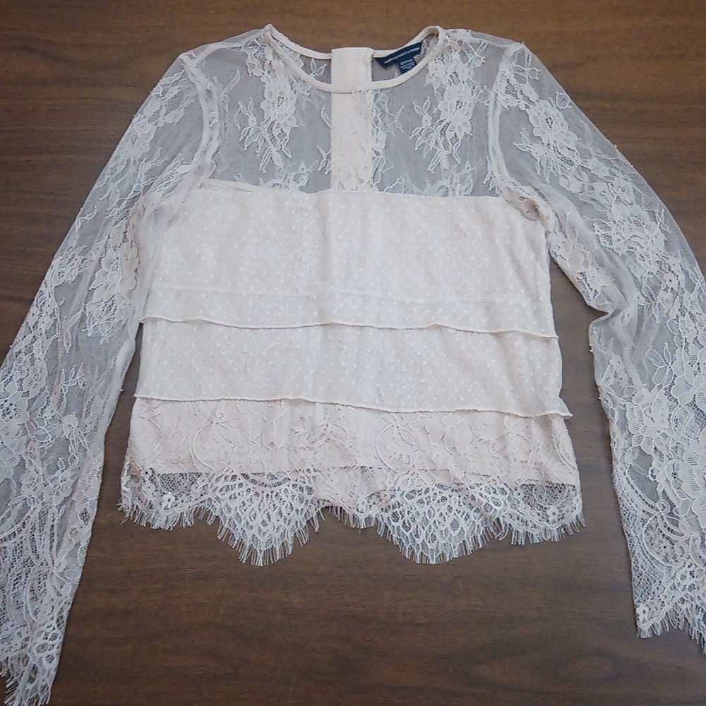 American Eagle Lacey Layered Polka-dot Long Bell Sleeve Zipper Back Blouse Top - Picture 3 of 16